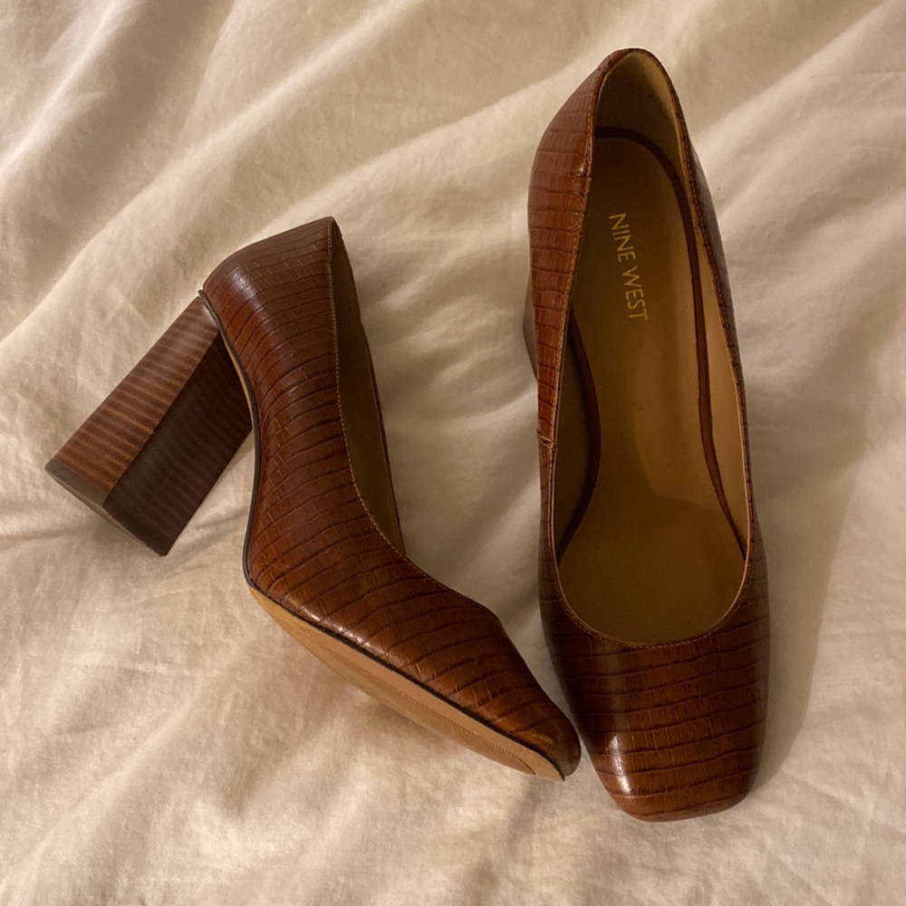 Like-new, leather with faux croc detailing block style heels